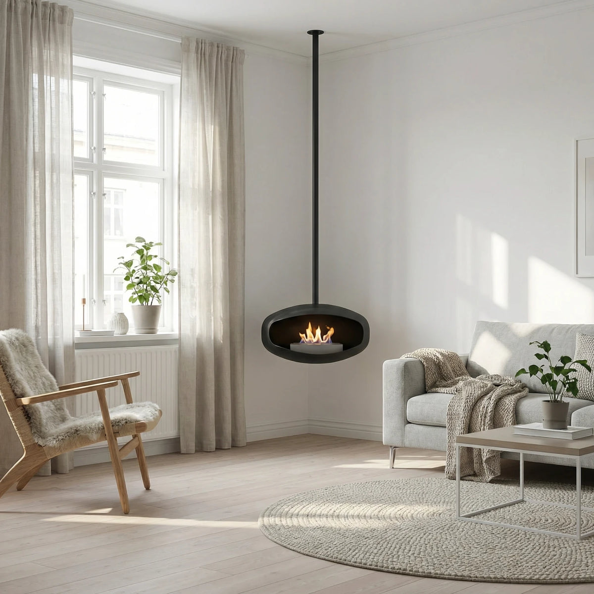 Black UFO-50 Hein & Haugaard handcrafted ceiling-mounted fireplace