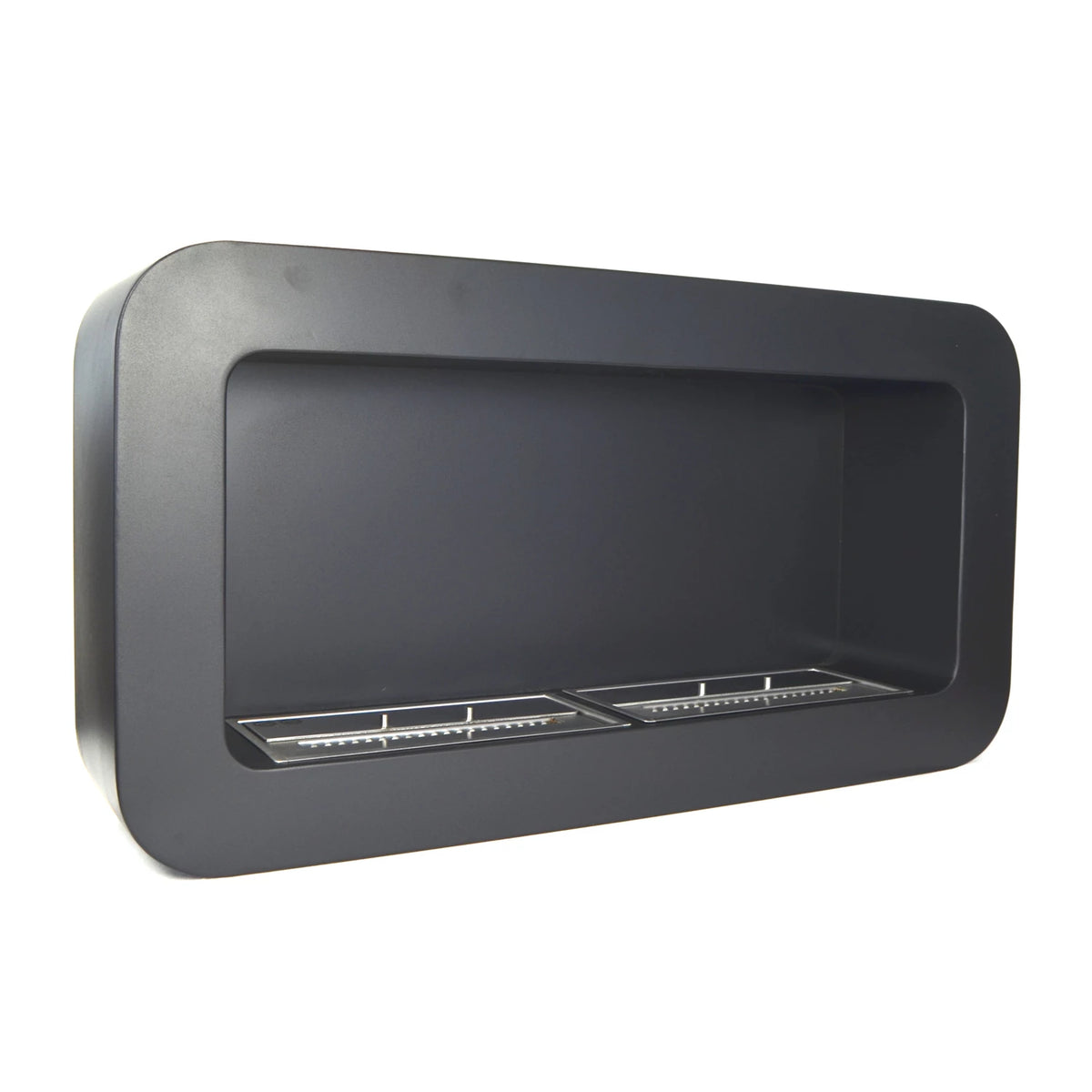 Rectangular curved black wall-mounted bioethanol fireplace, unlit, angled studio view on white background