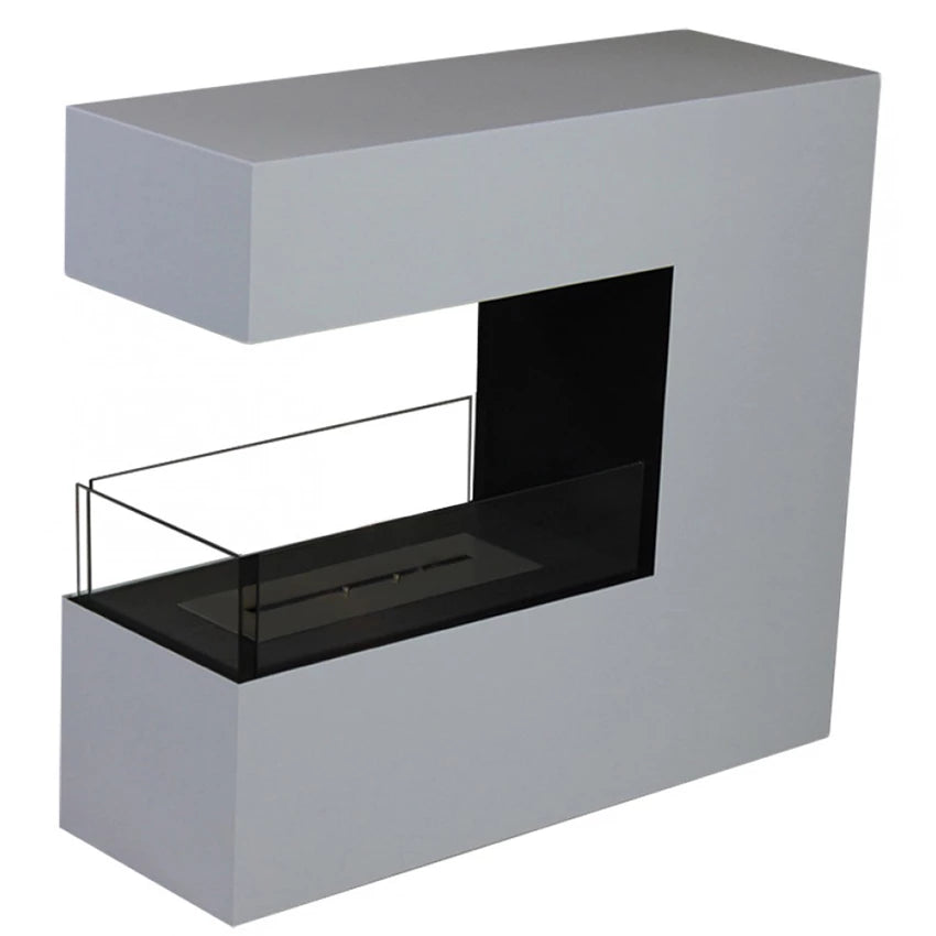 Topeka White bio fireplace, illustration showing wall-mounted installation, unlit
