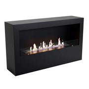 ScandiFlames Bismarck freestanding 1-sided bioethanol fireplace in black, lit, front angled view