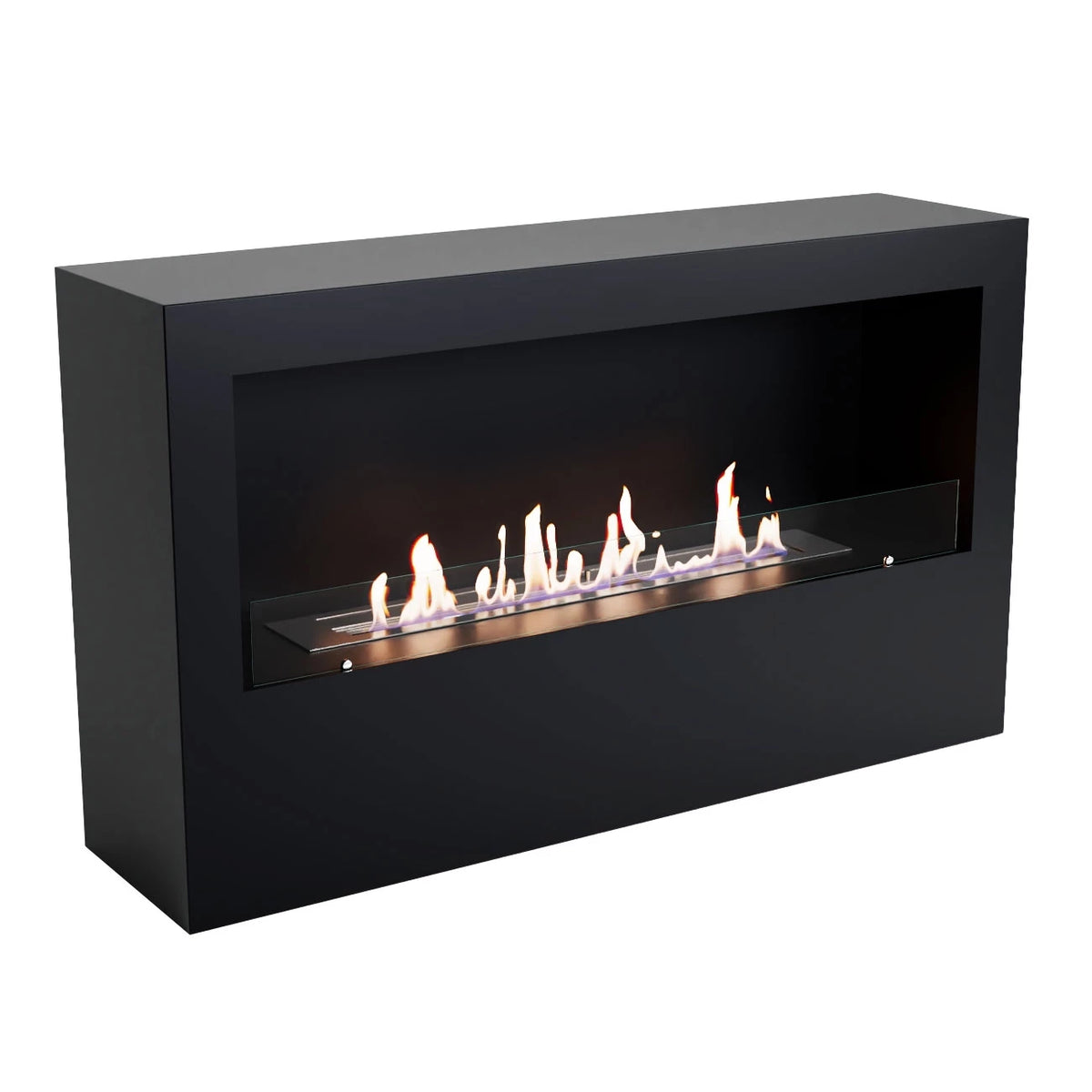 ScandiFlames Bismarck freestanding 1-sided bioethanol fireplace in black, lit, front angled view
