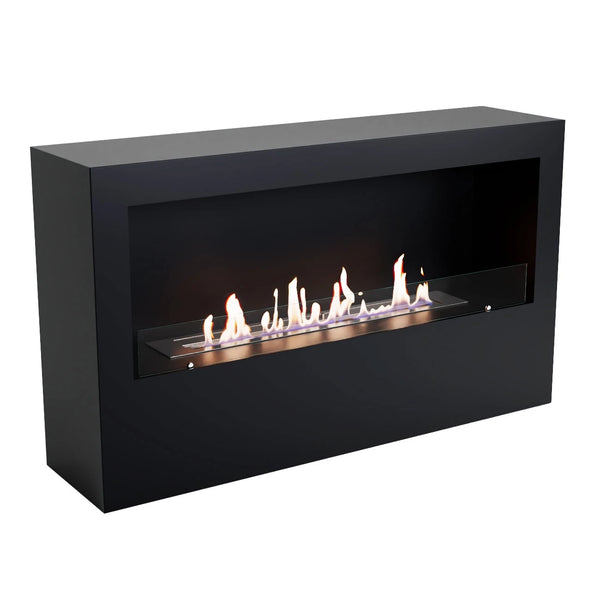 ScandiFlames Bismarck freestanding 1-sided bioethanol fireplace in black, lit, front angled view