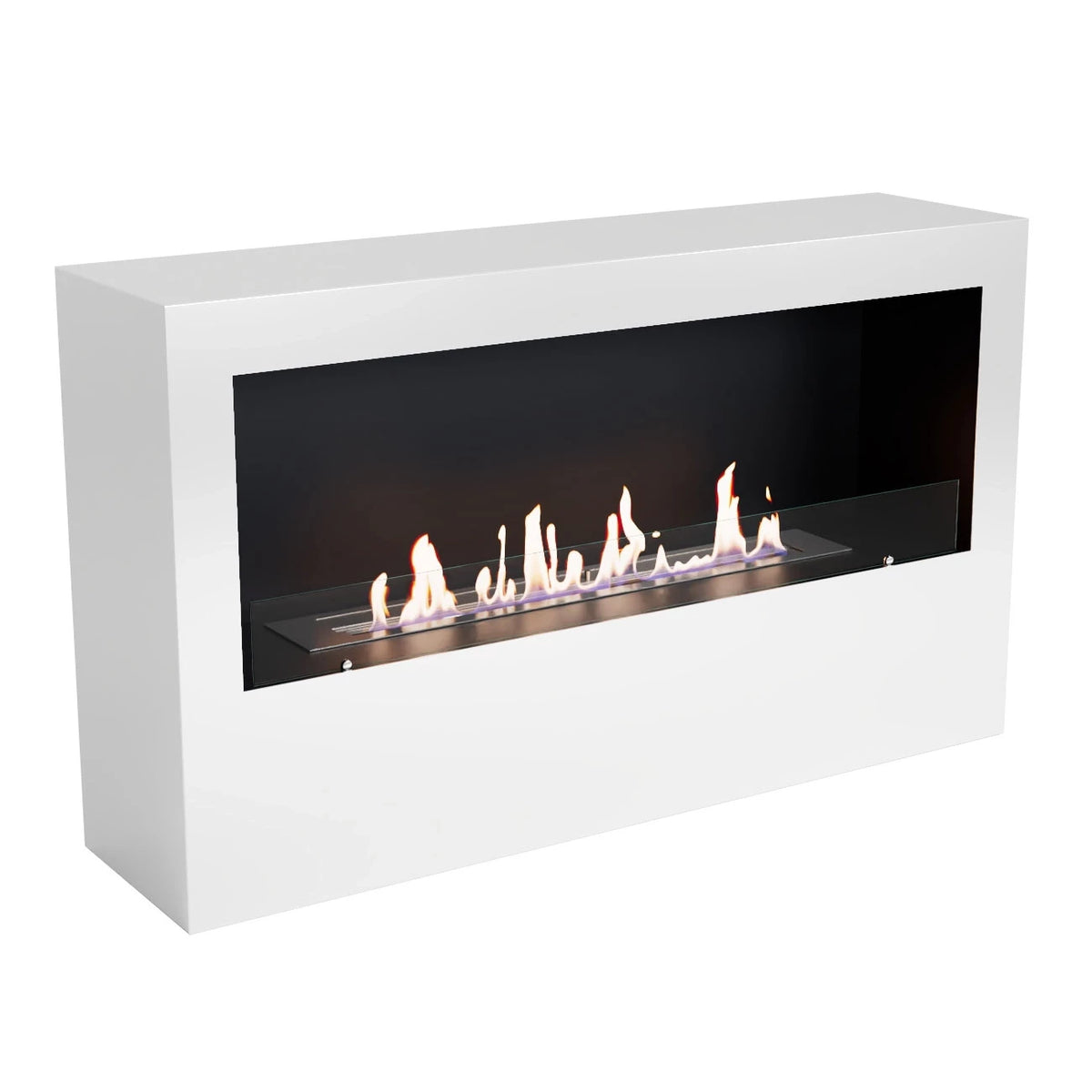 ScandiFlames Bismarck white freestanding 1-sided bioethanol fireplace with a lit flame, studio shot on white background
