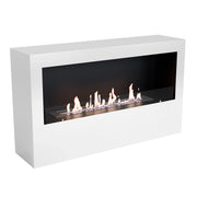 ScandiFlames Bismarck white freestanding 1-sided bioethanol fireplace with a lit flame, studio shot on white background