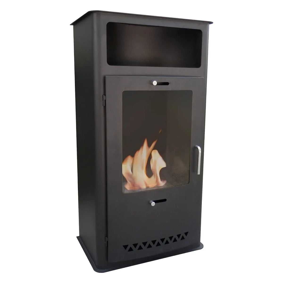ScandiFlames Boston black bioethanol stove with lit flames, studio shot from a different angle