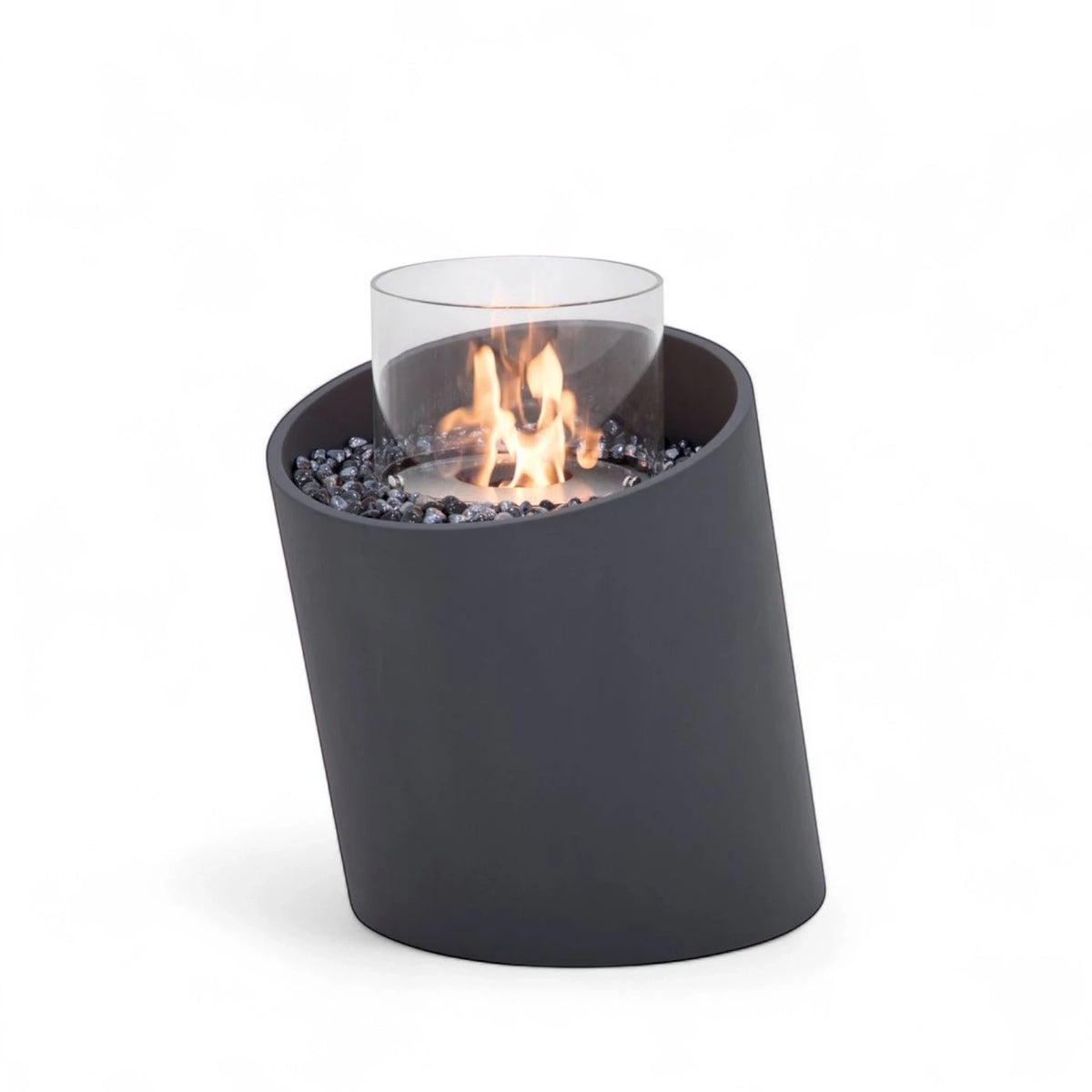 TORRE bioethanol fireplace M – black fiber concrete column with glass and blue stones