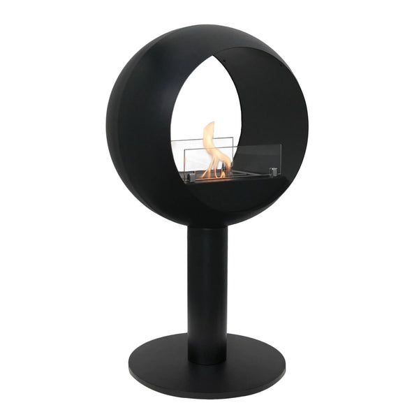 Edmonton 2-sided round freestanding bioethanol fireplace with lit flame, black powder-coated steel ring on pedestal