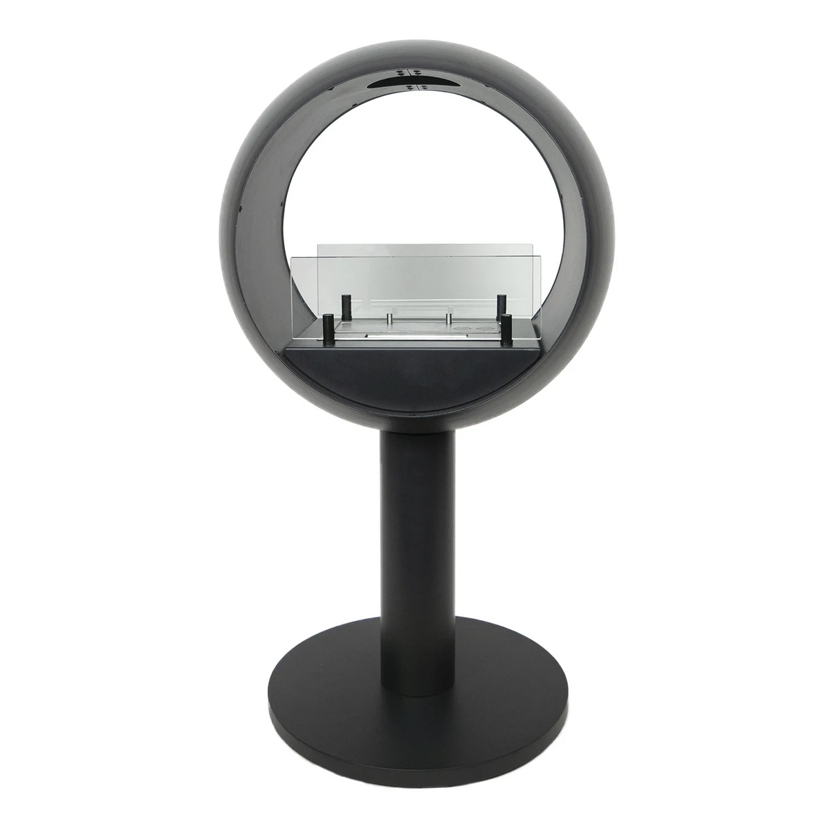 Edmonton 2-sided freestanding bioethanol fireplace, unlit, front view showing both open sides
