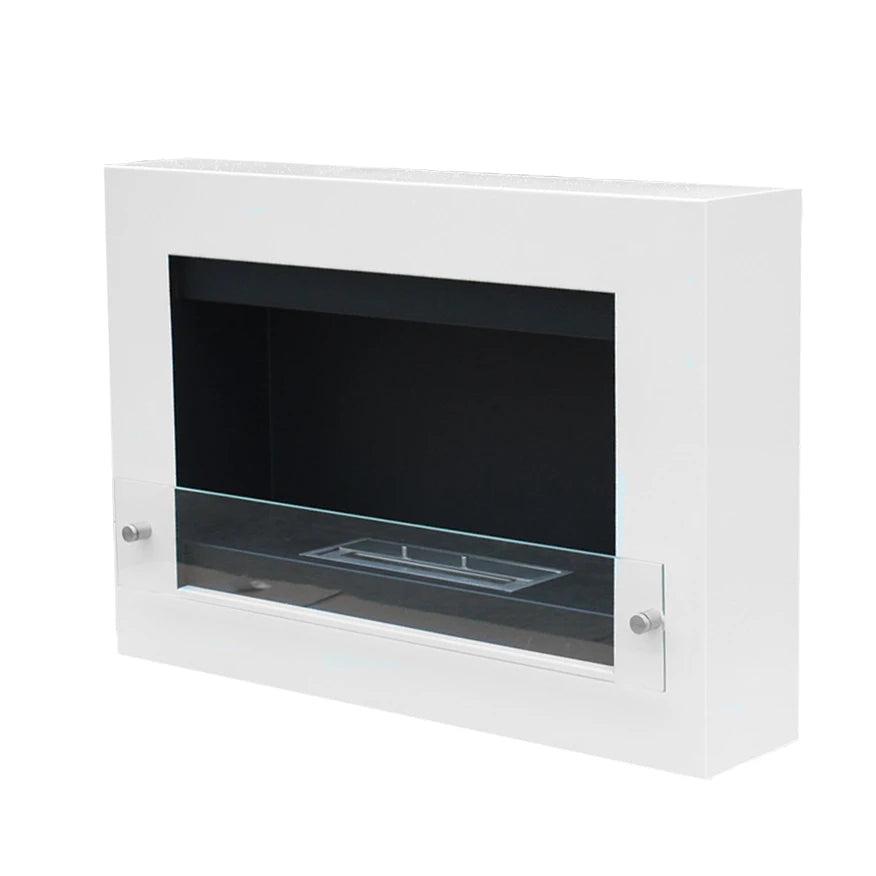 White wall-mounted bioethanol fireplace, unlit, angled studio view