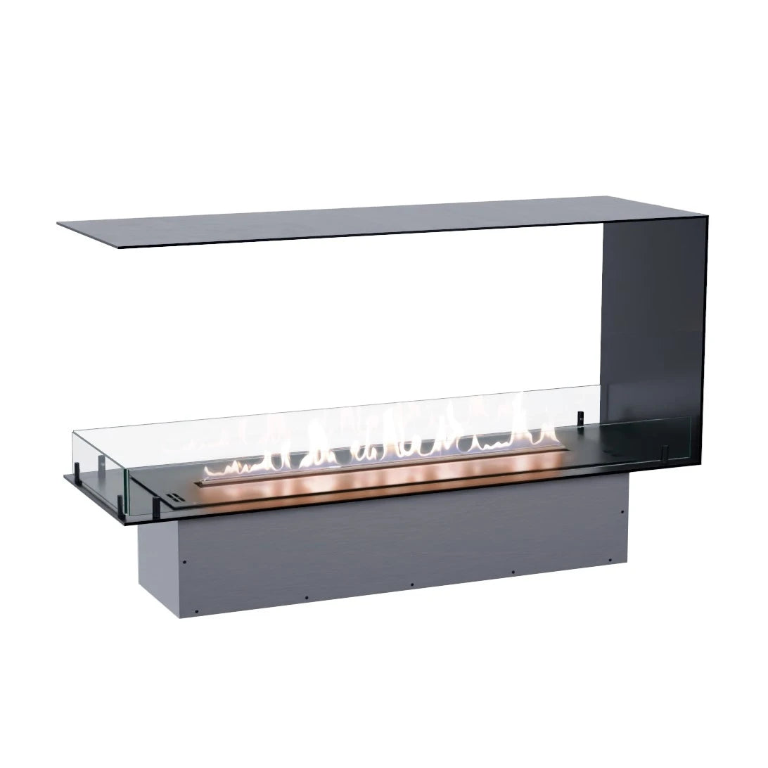 Foco Room Divider 1200 with a lit flame, shown in the raised pedestal-box mounting configuration.