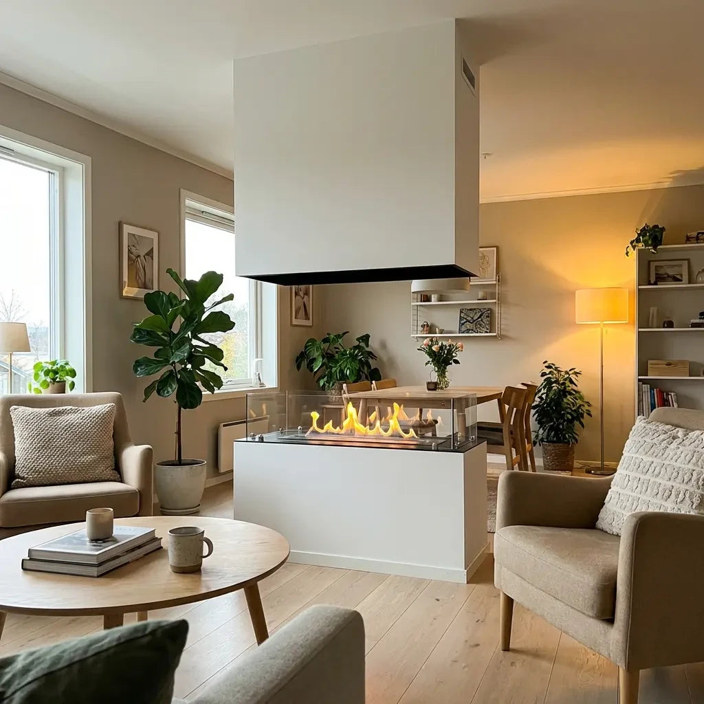 Foco Four 1000 built into a white floating console between a living room and dining area, with a realistic lit ethanol flame.