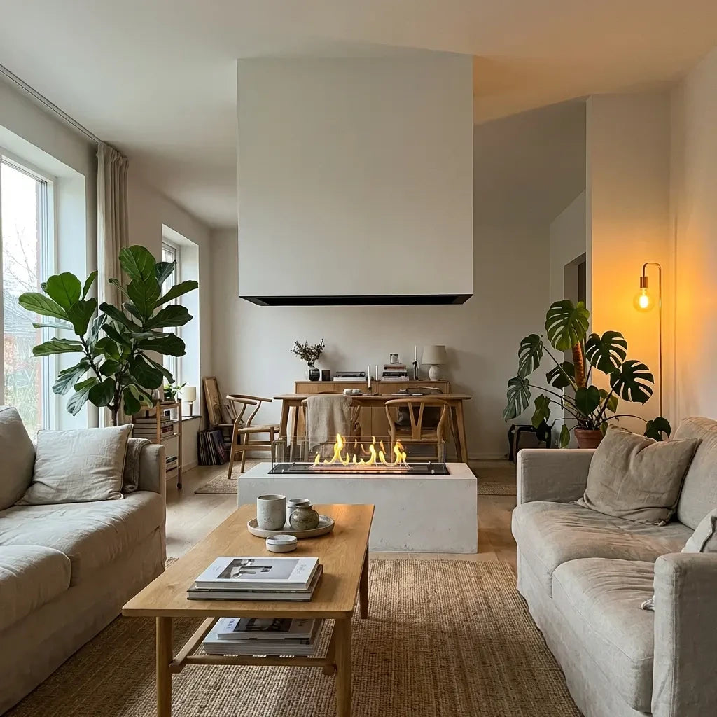 Foco Four 1000 built into a white concrete-look plinth dividing two sofas, with a realistic lit ethanol flame, in a bright neutral living room.