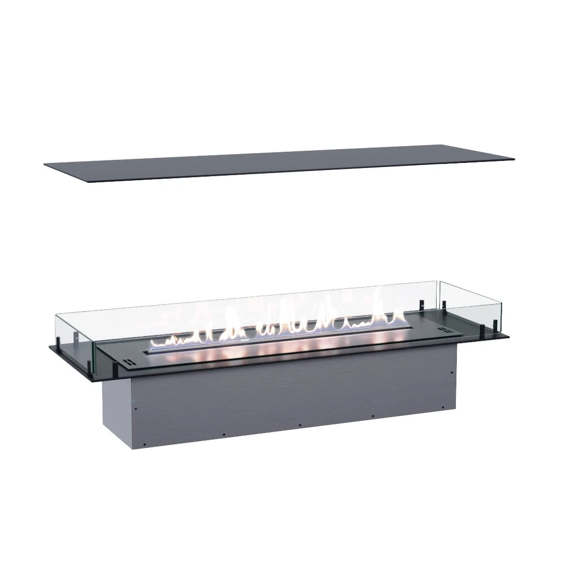 Foco Four 1200 four-sided built-in bioethanol fireplace with a realistic lit ethanol flame, white-background studio shot with the top plate shown detached above.