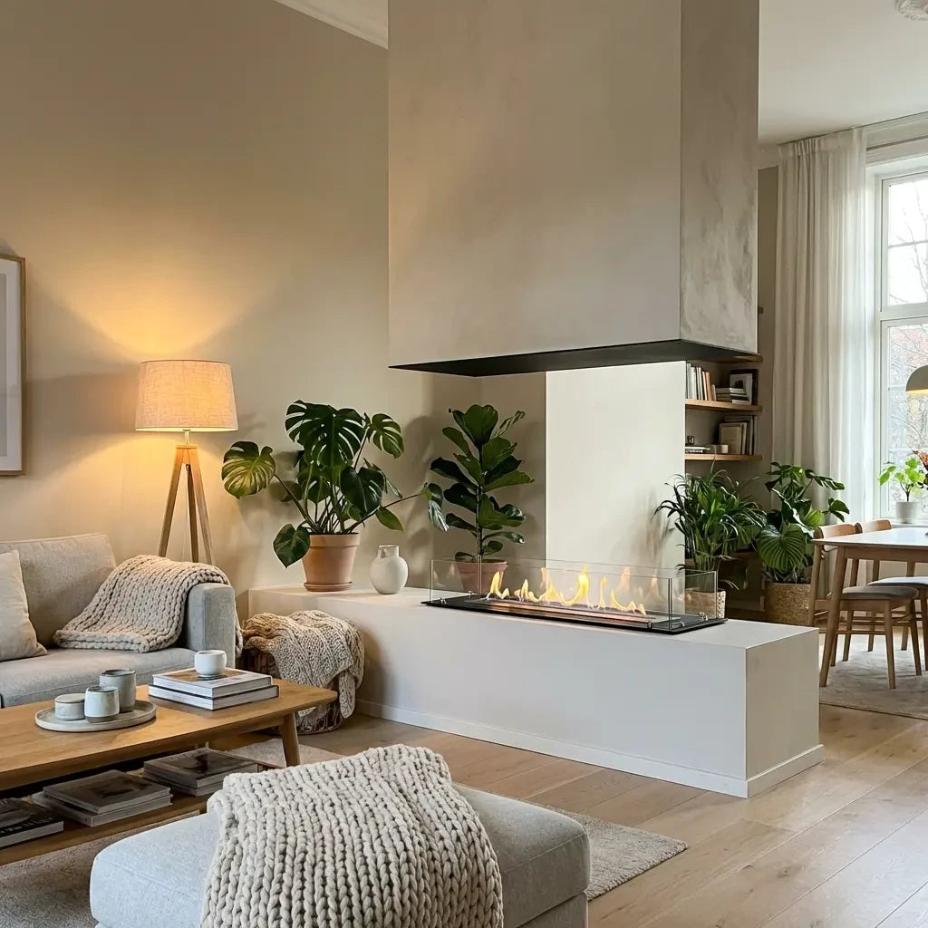Foco Four 1200 built into a plaster-clad pillar dividing a living room and dining area, with a realistic lit ethanol flame, in a warm neutral home.