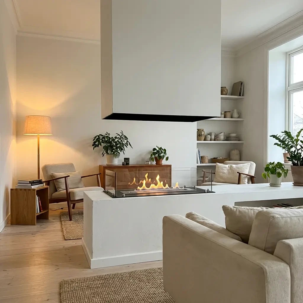 Foco Four 800 built into a white floating wall unit as a room divider, with a realistic lit ethanol flame, in a bright Scandinavian living room.