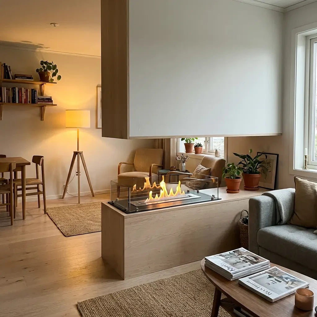 Foco Four 800 with a realistic lit ethanol flame, built into a light wood room-divider console separating a living and dining area.