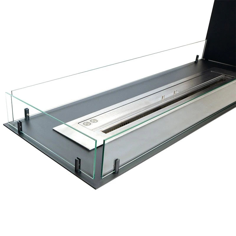 Close-up of the Foco Room Divider 1200 glass panel and black glass-holder pin.