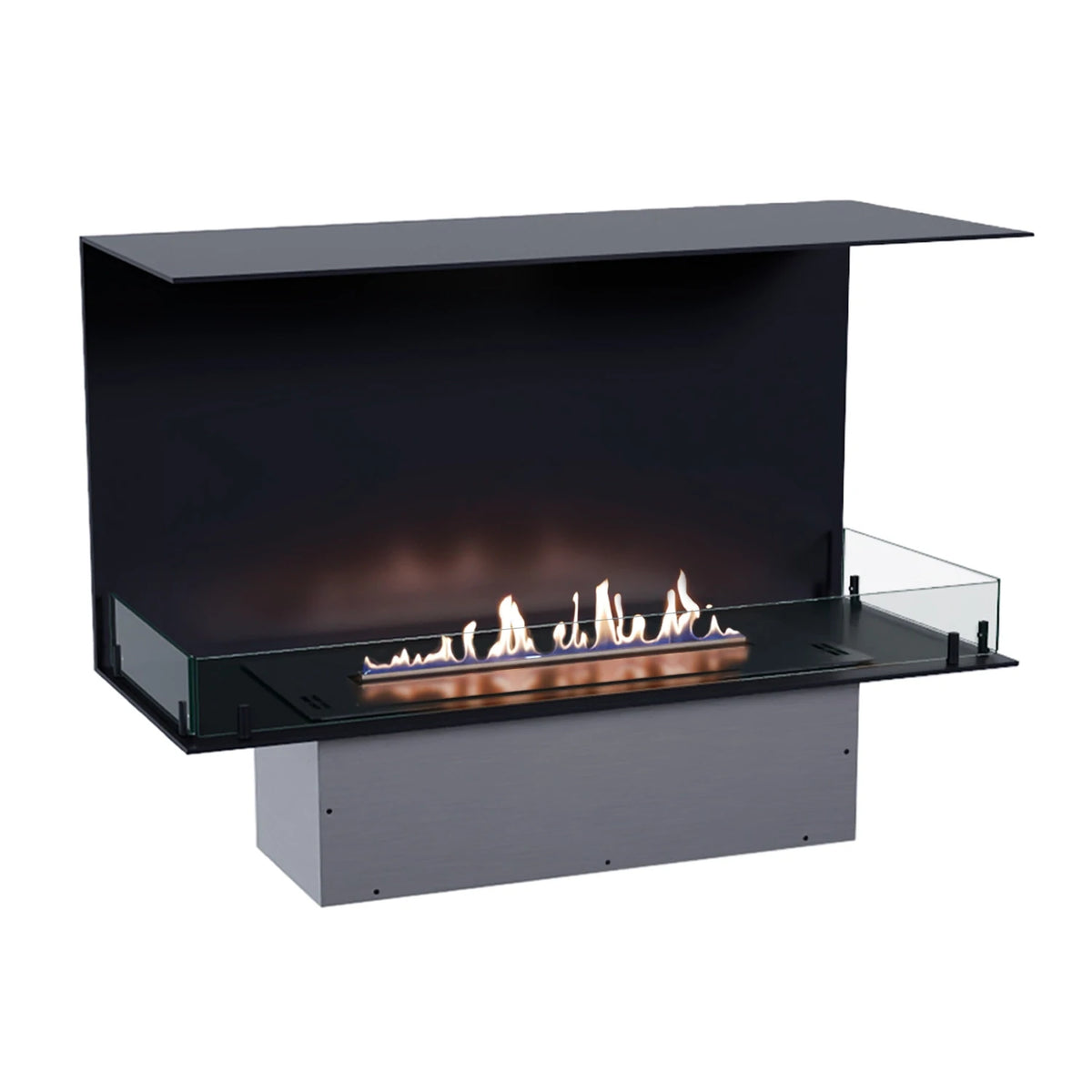 Foco Three 1000 with a realistic lit ethanol flame, shown mounted on its installation base, white-background studio shot.