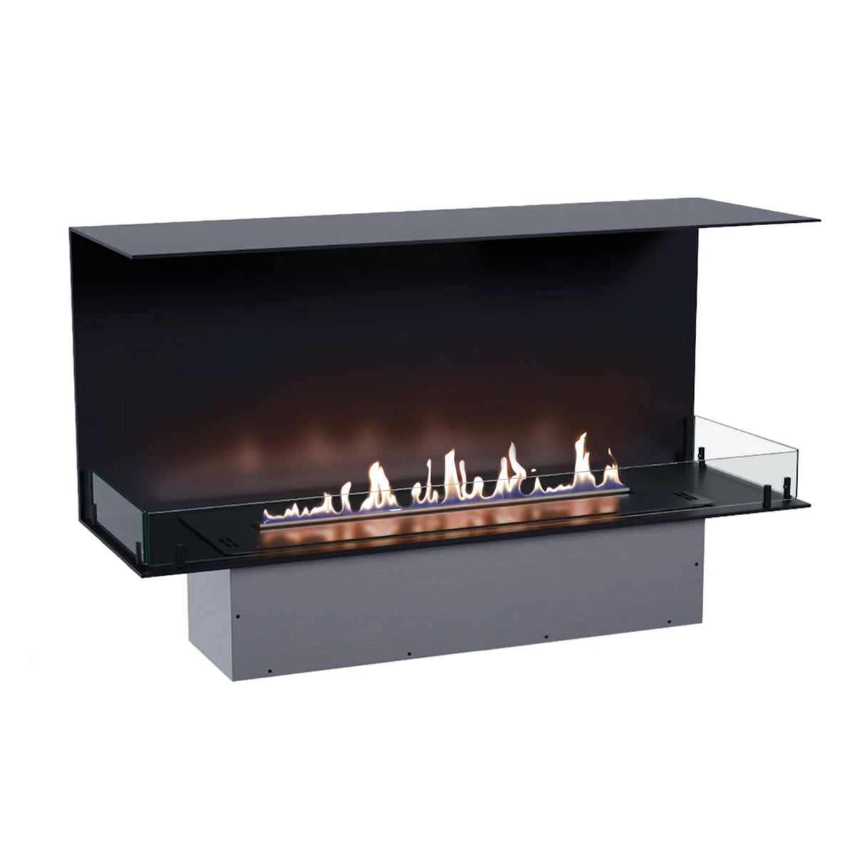 Foco Three 1200 with a realistic lit ethanol flame, shown mounted on its installation base, white-background studio shot.