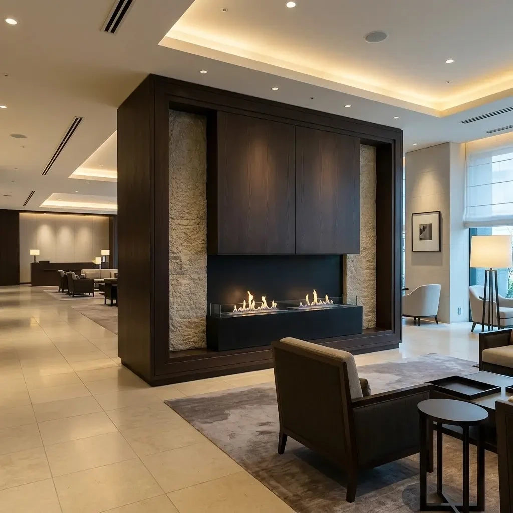 Foco Three 1500 three-sided bioethanol fireplace installed in a modern living space with a lit flame, lifestyle photo