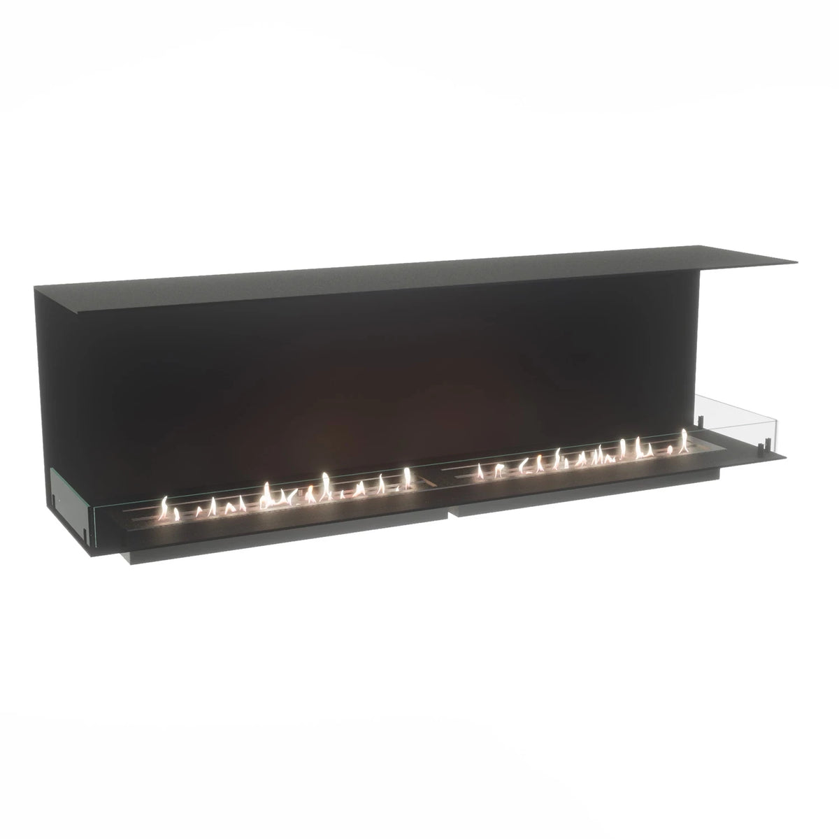 Foco Three 1800 three-sided bioethanol fireplace with a lit flame, original studio shot