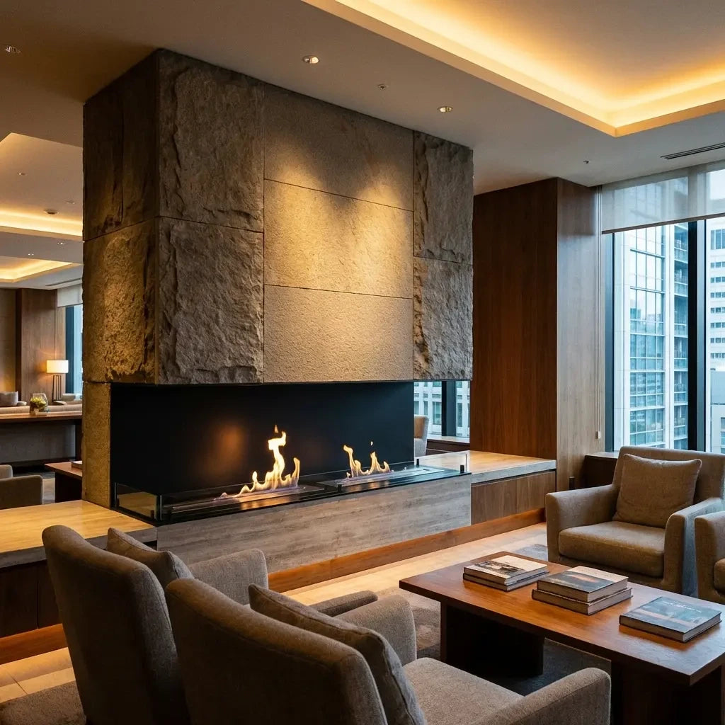 Foco Three 1800 three-sided bioethanol fireplace installed in a modern living space with a lit flame, lifestyle photo