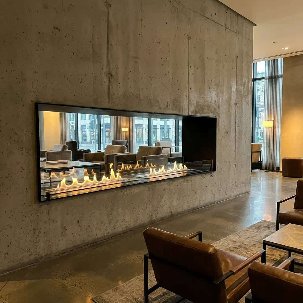 Foco Two 1800 double-sided bioethanol fireplace installed in a modern living space with a lit flame, genuine lifestyle photo