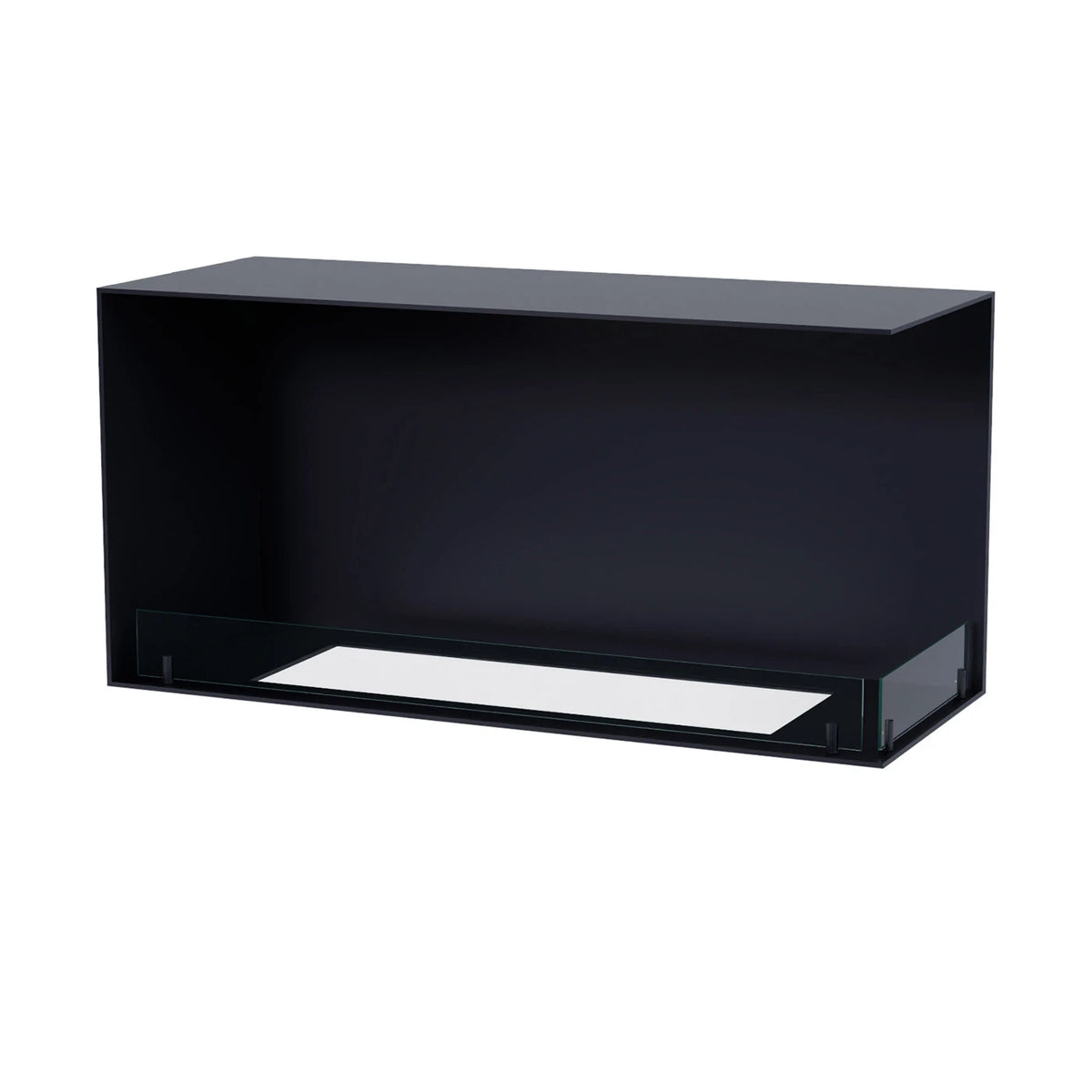 Foco Corner Right 1000 unlit, black steel corner bioethanol fireplace shown front-on, white-background studio shot.