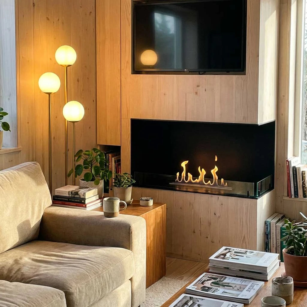 Foco Corner Right 800 built into a wood-panelled corner wall beneath a mounted TV, with a realistic lit ethanol flame, in a warm living room.