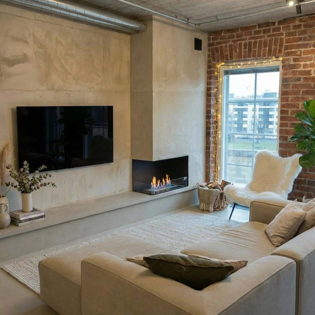 Foco Corner Left 800 built into an industrial-style loft living room corner with exposed brick and concrete, flame lit