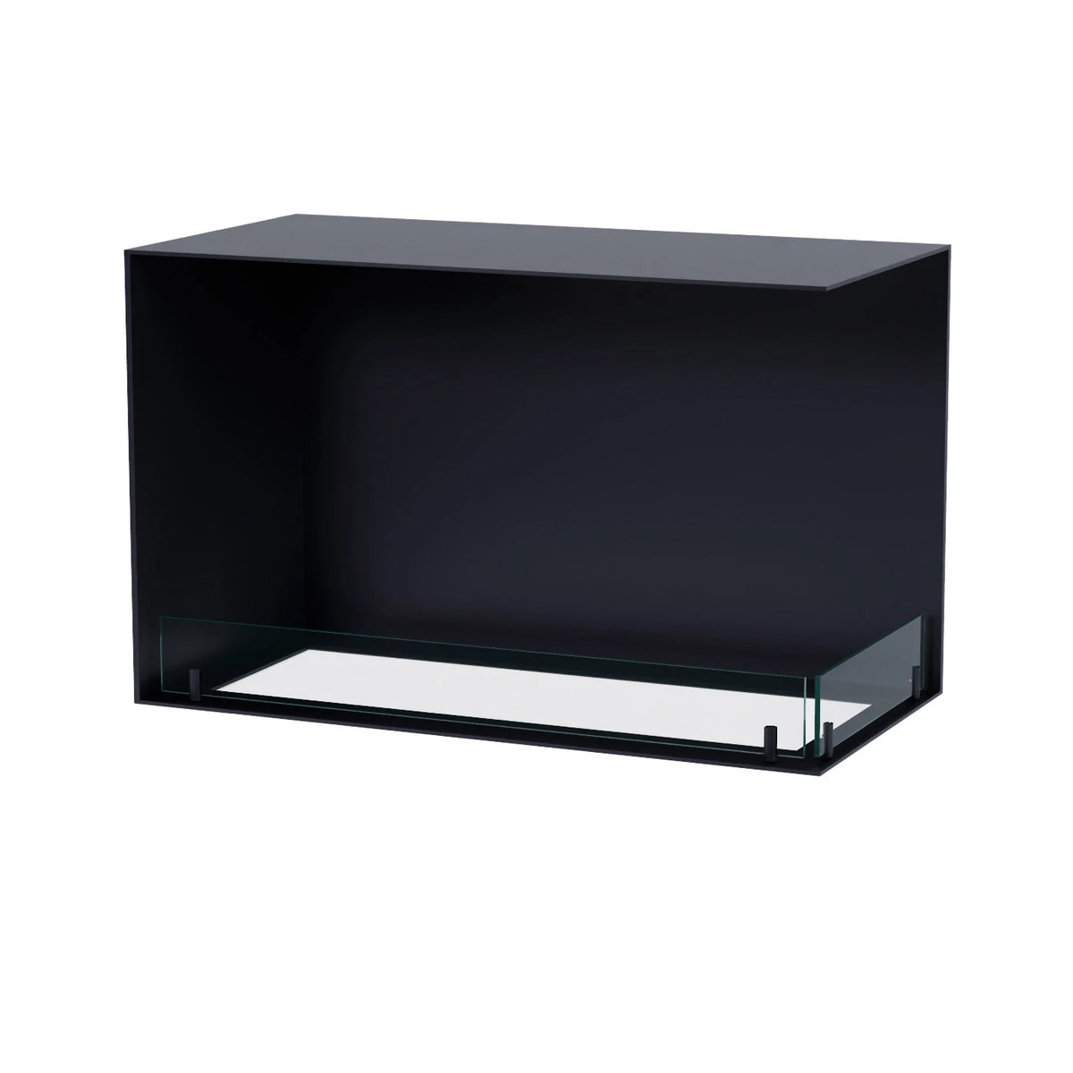 Foco Corner Right 800 unlit, black steel corner bioethanol fireplace shown front-on, white-background studio shot.