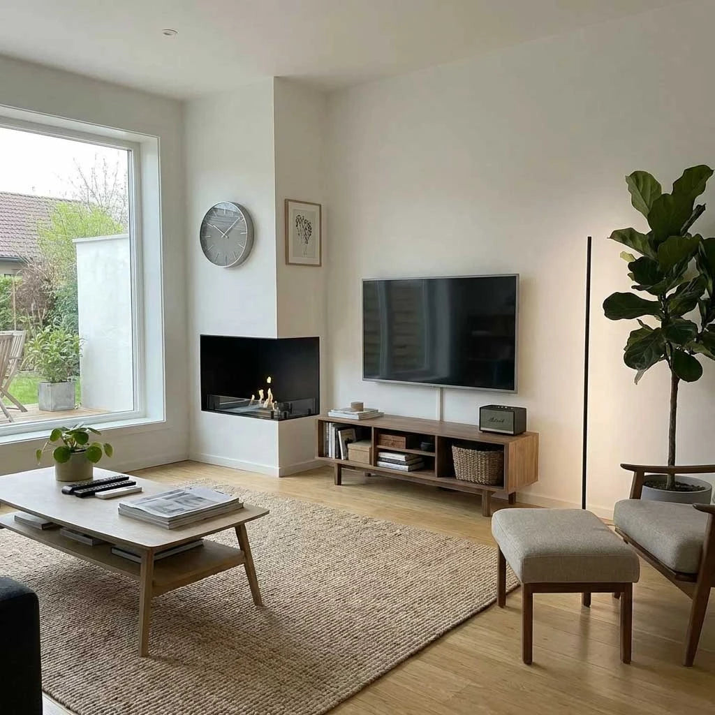 Foco Corner Right 800 built into a white corner wall beside a TV console, with a realistic lit ethanol flame, in a bright modern living room.