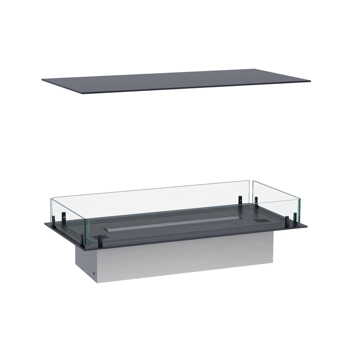 Foco Four 800 unlit, exploded view of the top plate and stainless steel glass-panelled frame from a side angle, white-background studio shot.