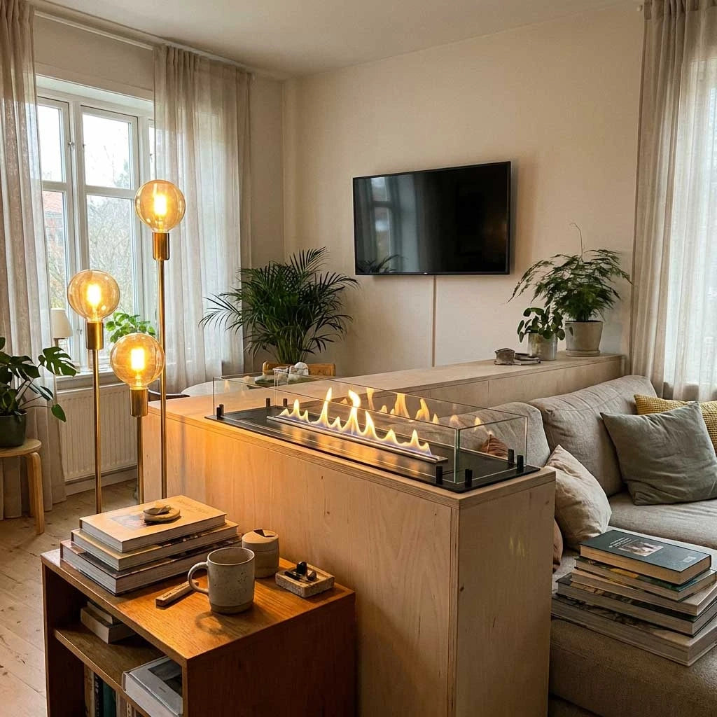 Foco Free 1000 built into a light plywood room-divider housing, lit flame, cosy apartment living room
