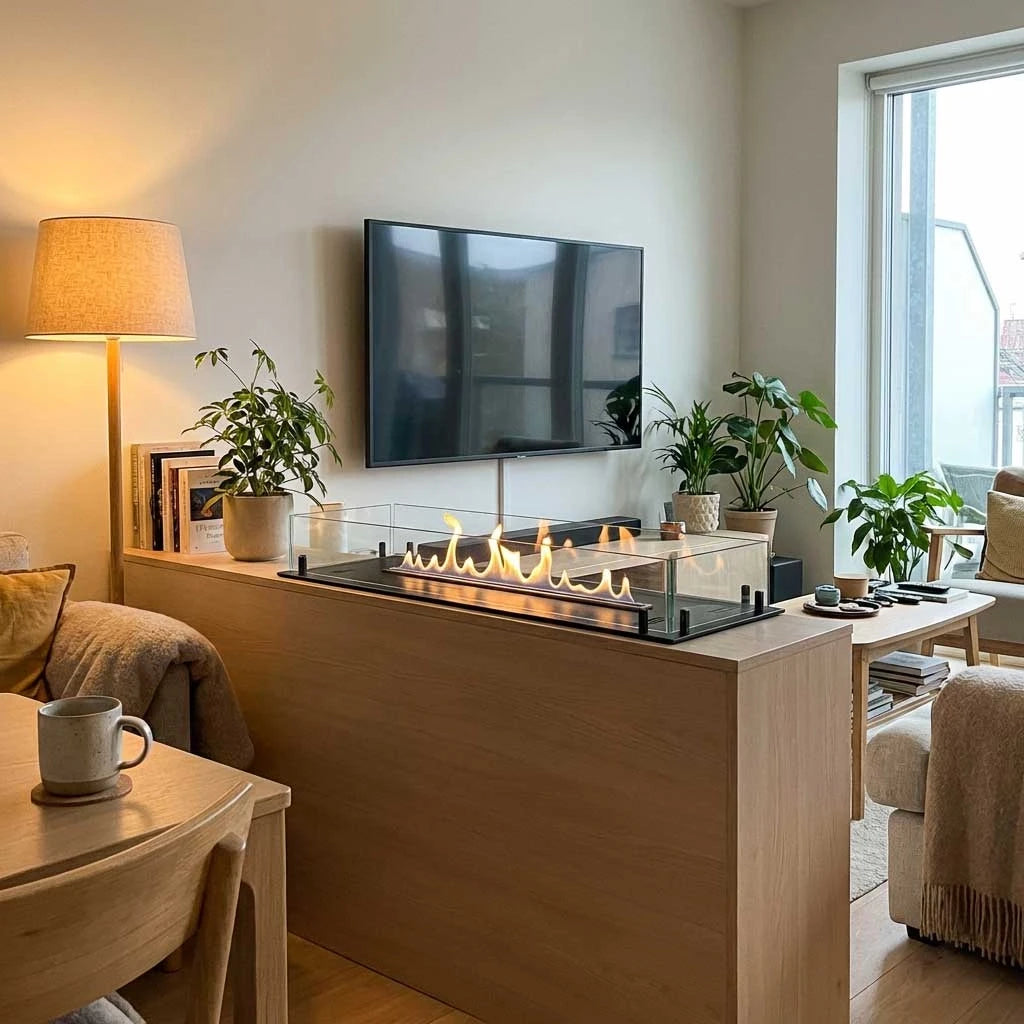 Foco Free 1000 built into a light plywood room-divider housing, lit flame, alternate angle beside a window