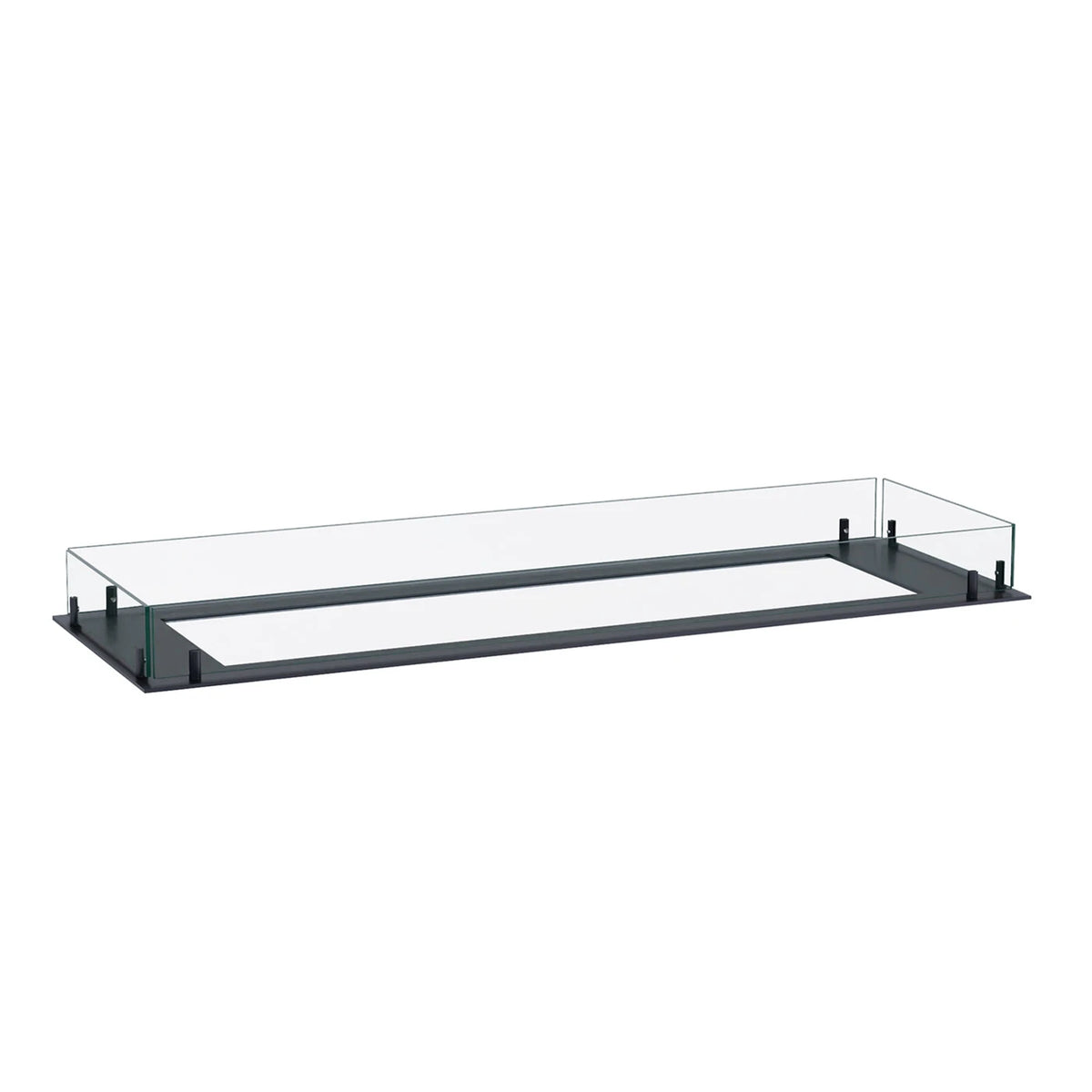 Foco Free 1200 open-frame burner insert with tempered glass panels, unlit, angled studio shot