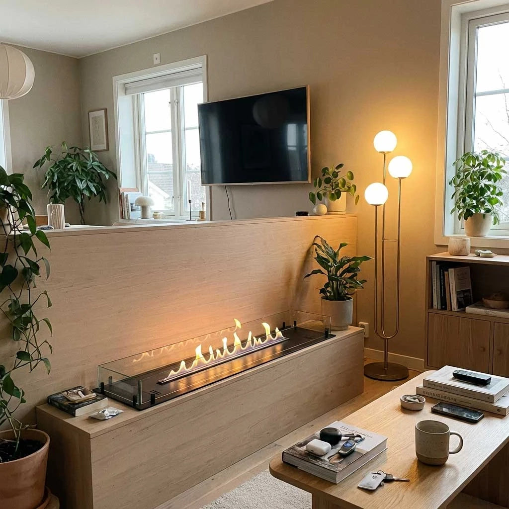 Foco Free 1200 built into a light wood half-wall room divider with a lit flame, cosy living room