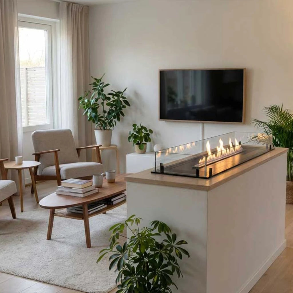Foco Free 1200 built into a white kitchen island with a lit flame, cosy living room with plants