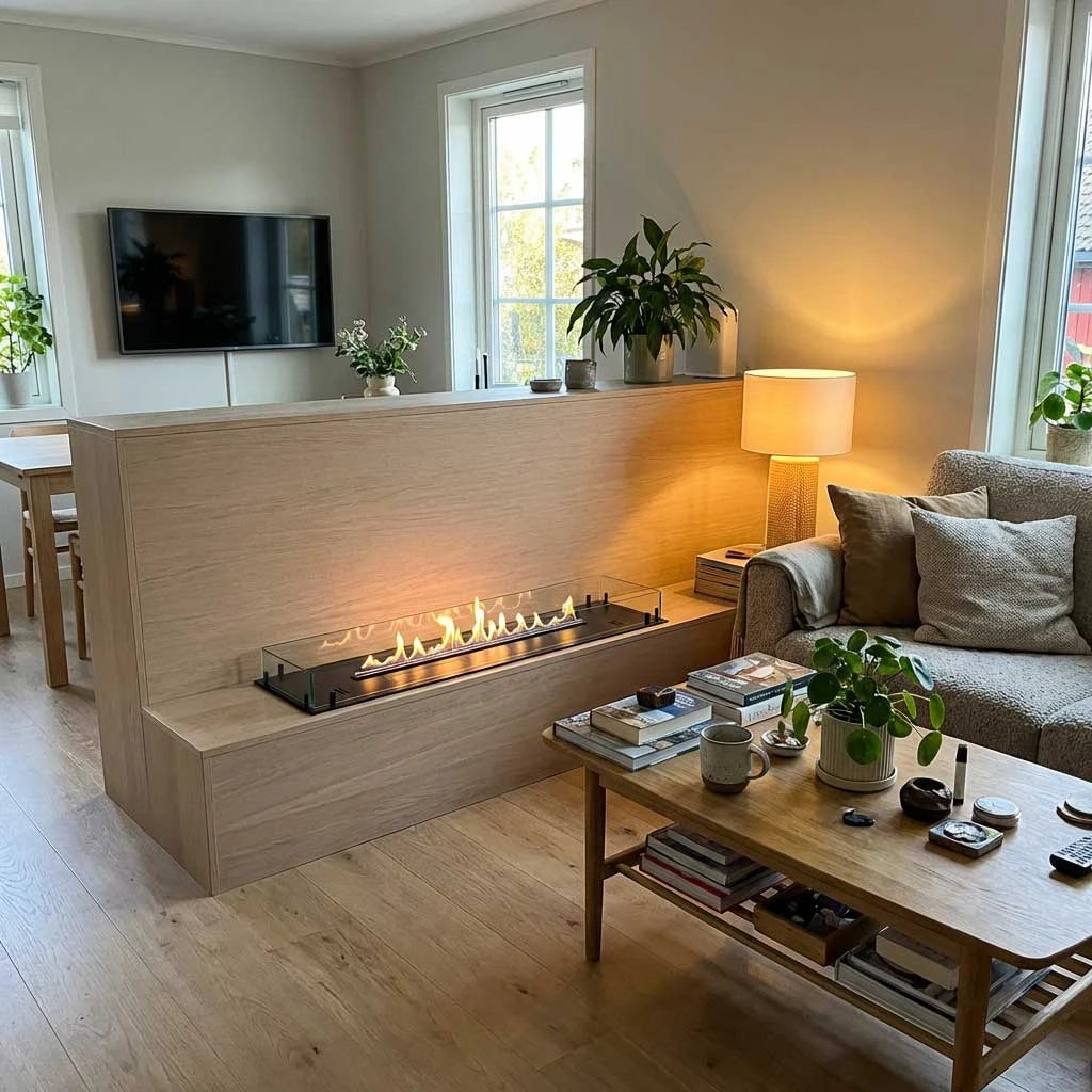 Foco Free 1200 built-in bioethanol fireplace, lit flame, close-up styled interior scene