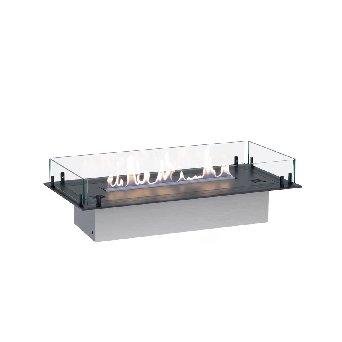 Foco Free 800 - lit ethanol flame on its stainless steel base, white-background studio shot