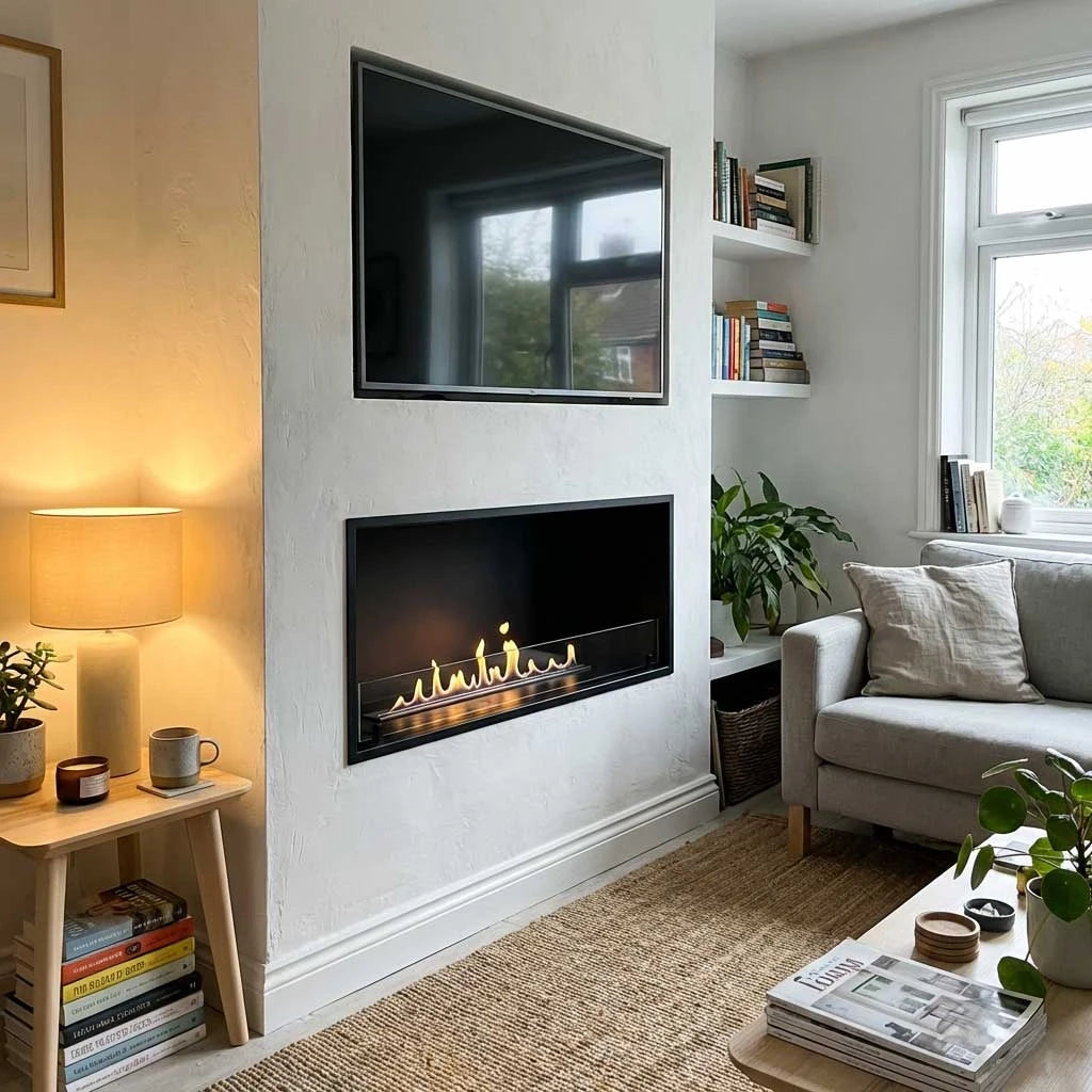 Foco One 1000 built into a plastered living room wall below a TV, lit flame, cosy real home