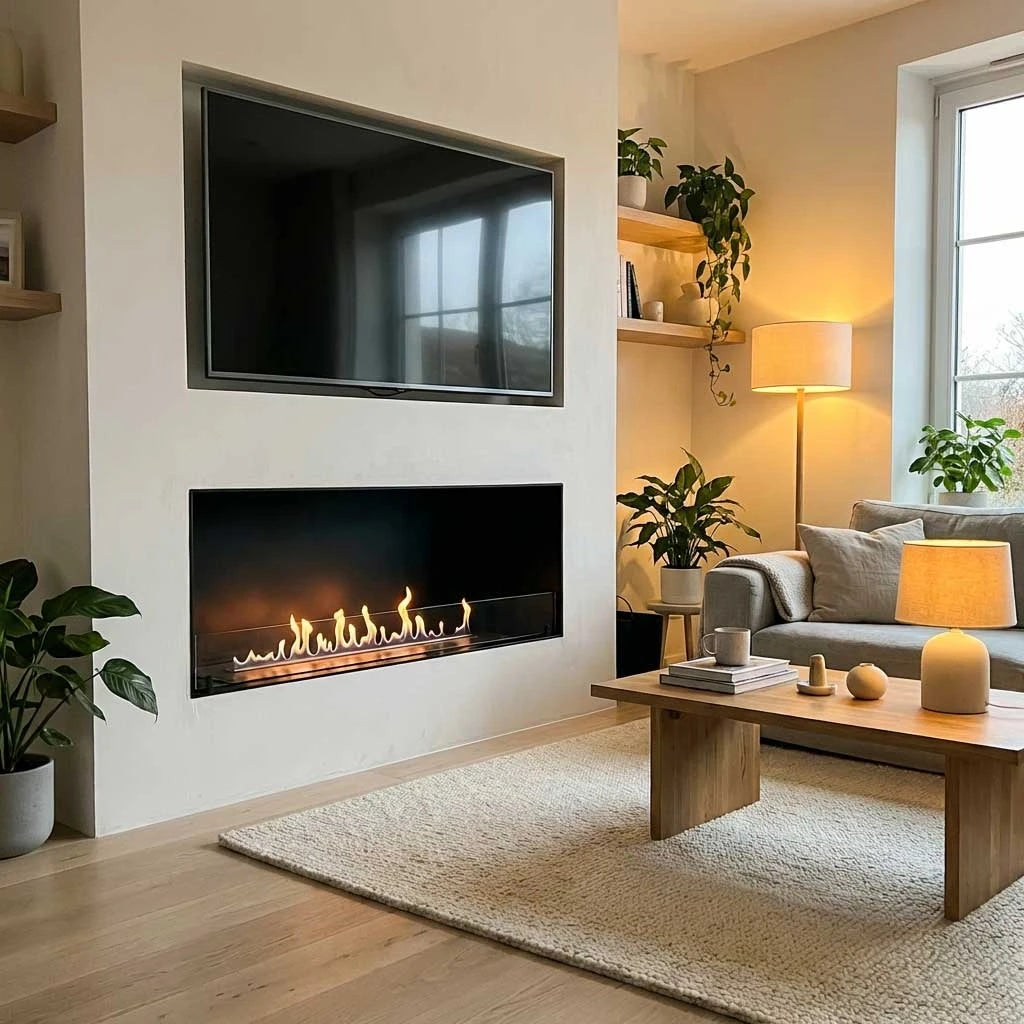 Foco One 1200 built into a plastered living room wall below a wall-mounted TV, lit flame, cosy real home with houseplants