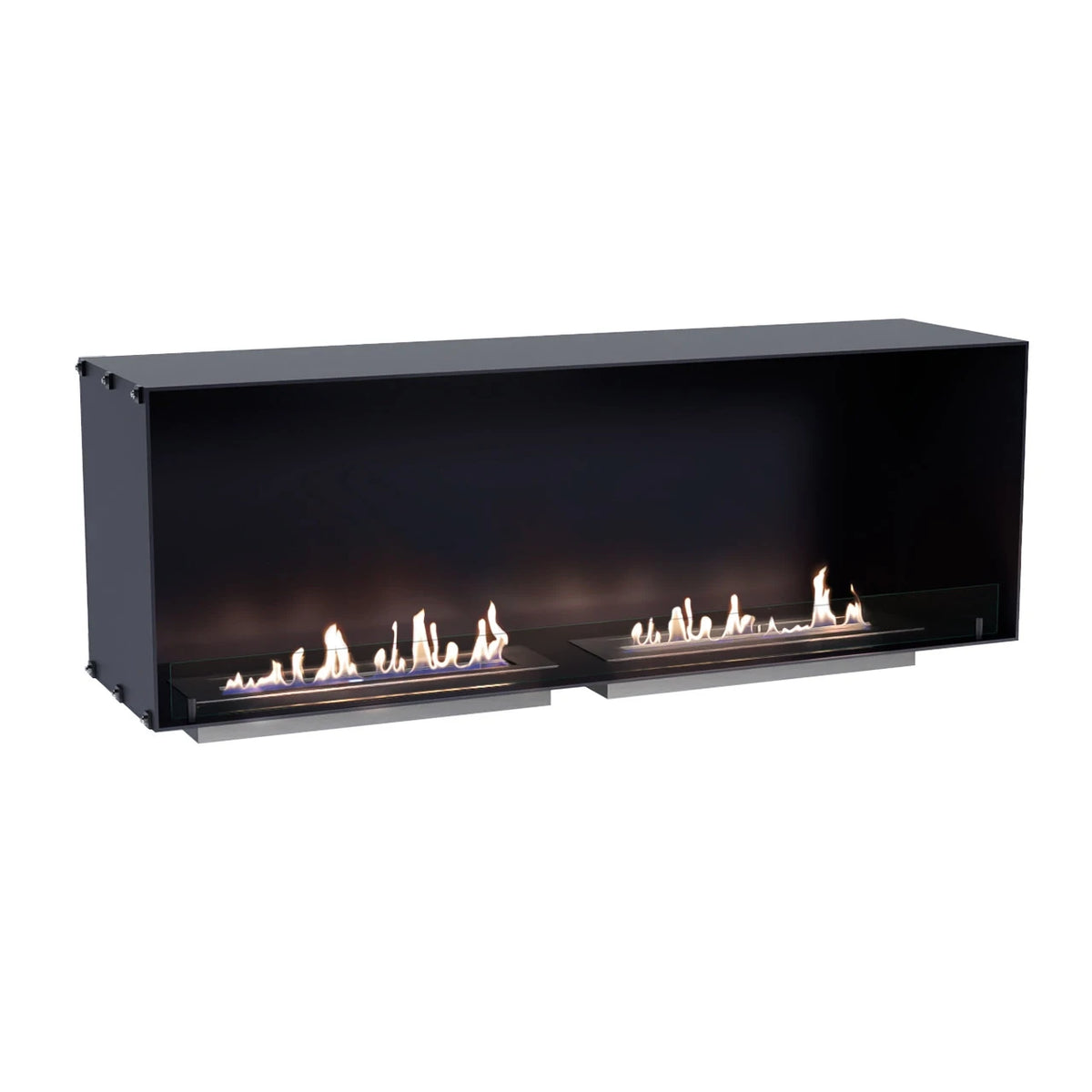 Foco One 1500 bioethanol fireplace, white background studio shot with a lit flame, alternate view