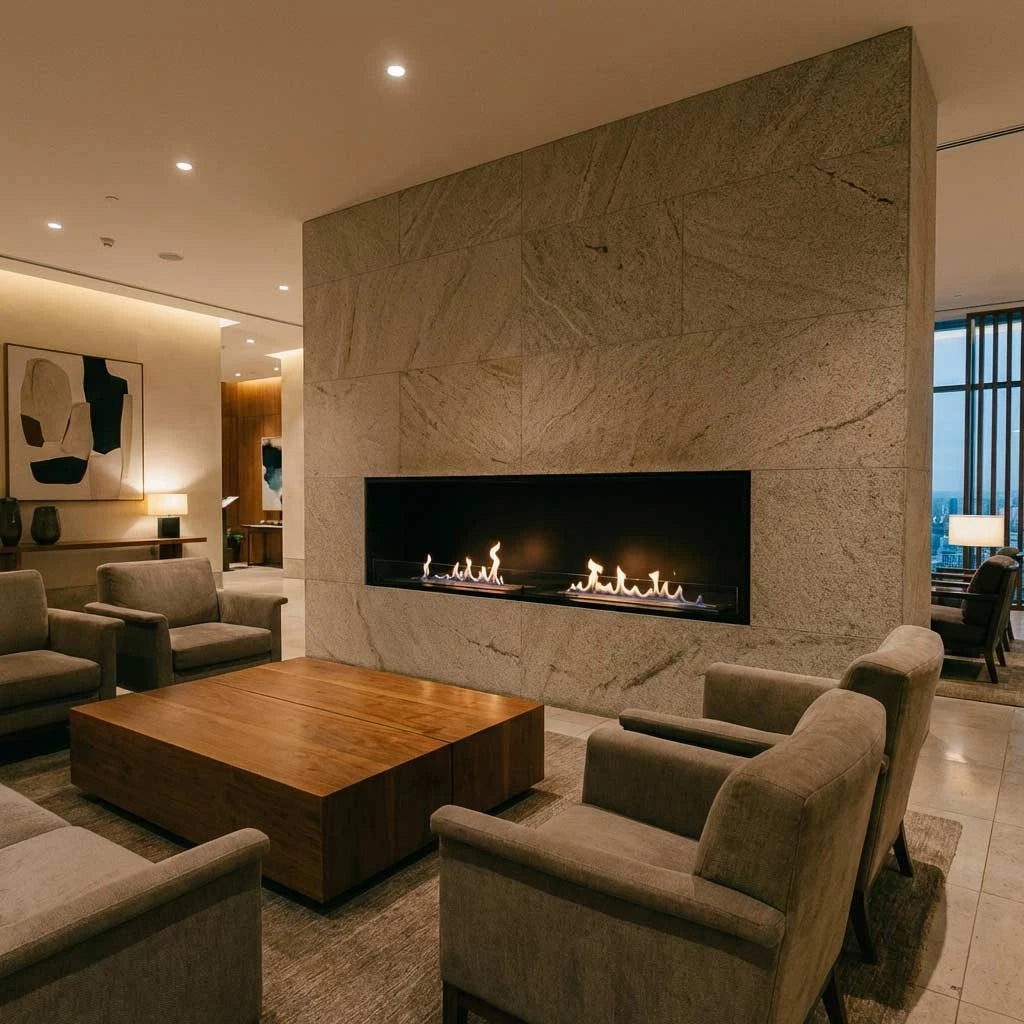 Foco One 1800 bioethanol fireplace installed in a modern living room with a lit flame, genuine lifestyle photo
