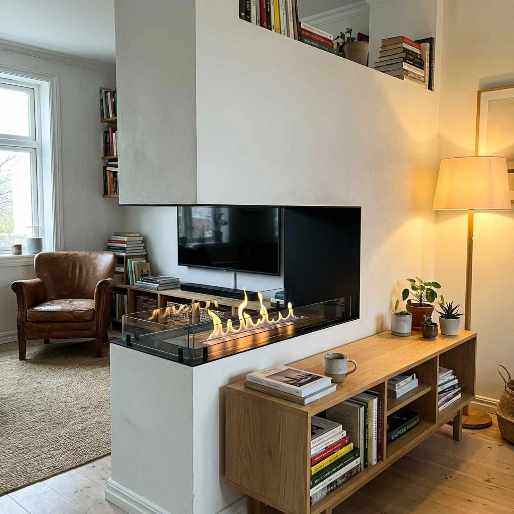 Foco Room Divider 1000 built into a plastered wall with lit flame, styled with books and plants.