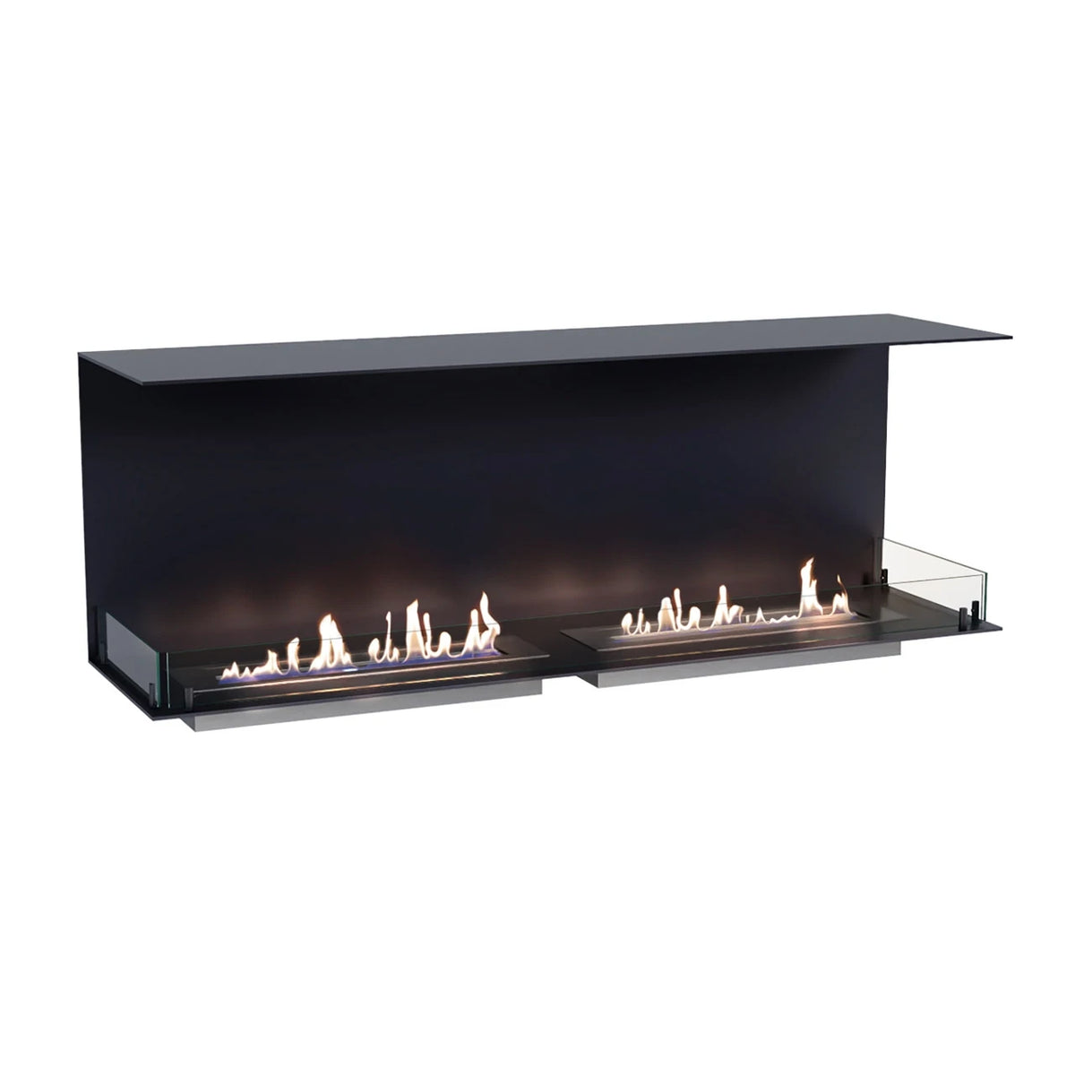Foco Three 1500 three-sided bioethanol fireplace with a lit flame, studio shot