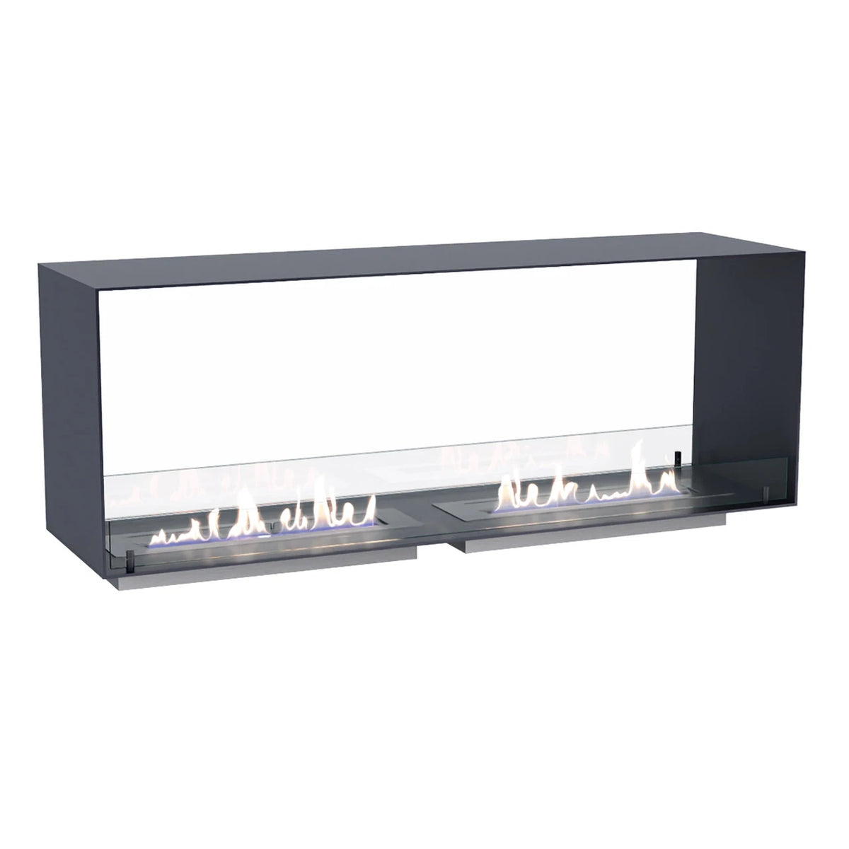 Foco Two 1400 Double bioethanol fireplace, white background studio shot with a lit flame