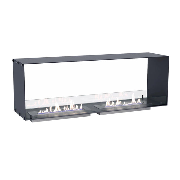 Foco Two 1500 double-sided bioethanol fireplace with a realistic lit flame, white background studio shot