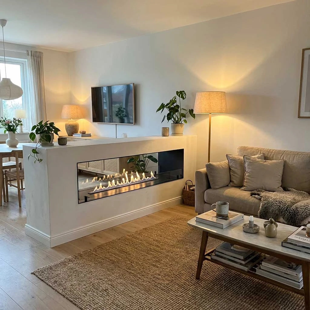 Foco Two 1500 double-sided bioethanol fireplace installed in a modern living space with a lit flame, genuine lifestyle photo