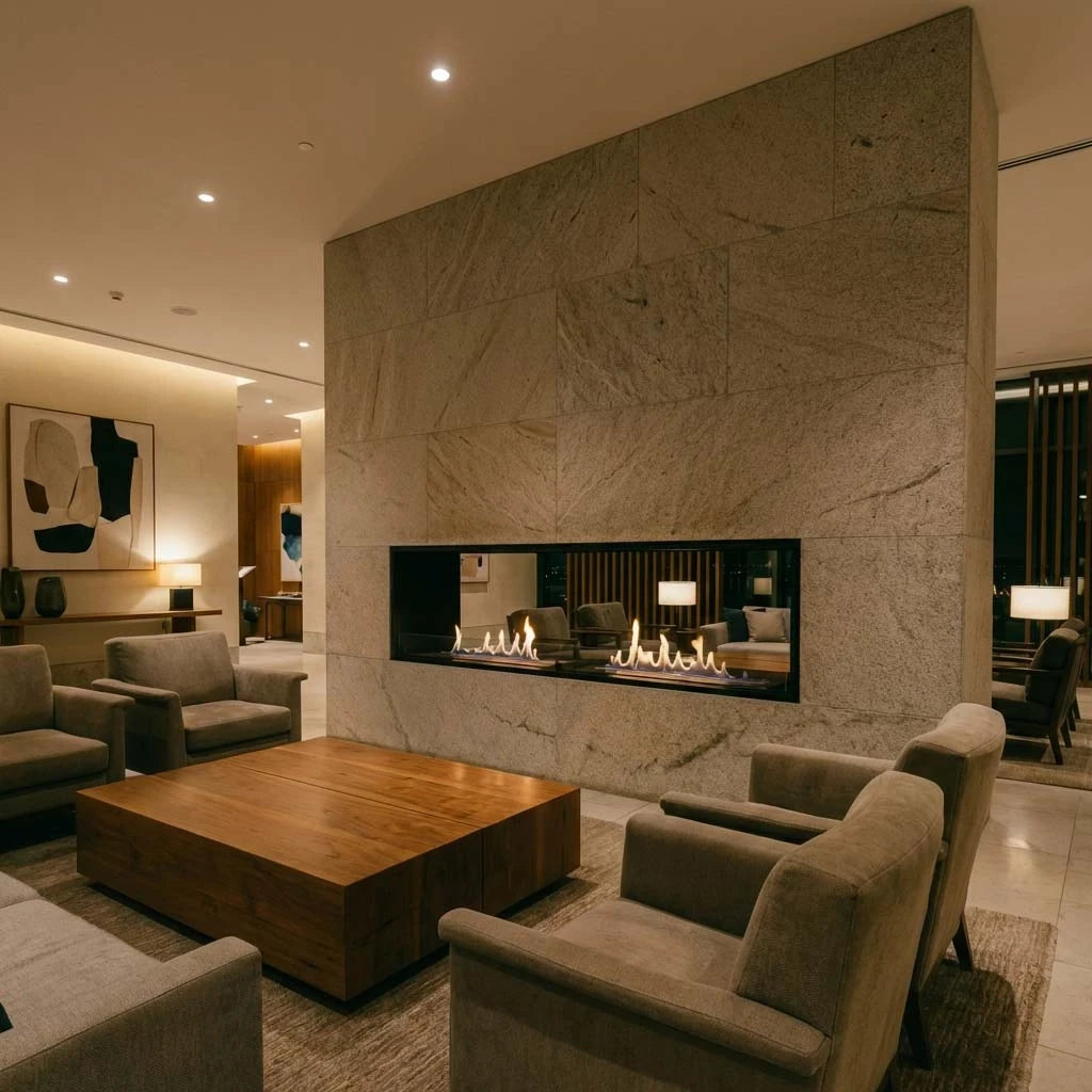 Foco Two 1800 double-sided bioethanol fireplace, AI-generated lifestyle scene